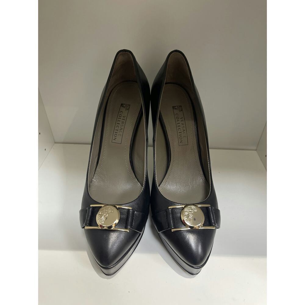 Versace Collection Black Leather Platform Pumps with Medusa Medallion Size 37